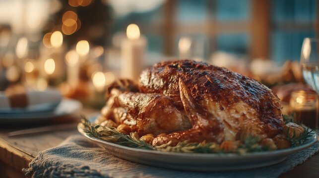 Roasted turkey centerpiece on festive holiday dining table - Powered by Adobe