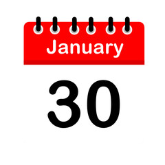 January 30 calendar icon flat design illustration. Calendar template, red and white, sticker, poster, banner, emoticon.