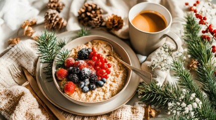 Festive Breakfast Featuring Warm Oats Topped With Berries, Served With Coffee and Surrounded by Holiday Decorations and Pinecones