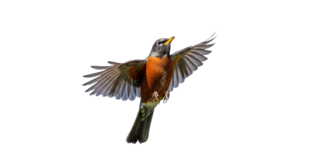 Isolated American robin taking flight, wings outstretched for upward momentum and flying