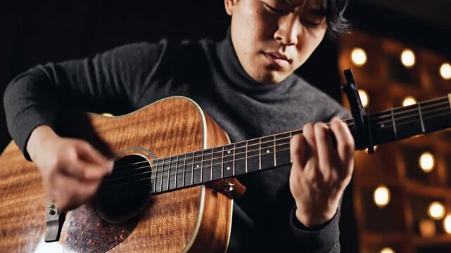 Musician plays acoustic guitar with capo in a dark studio environment with bokeh lighting