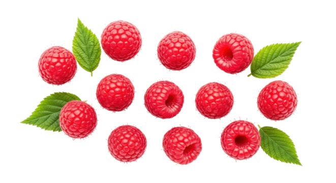 Isolated pile of ripe, red raspberries with green leaves, refreshing summer fruit medley