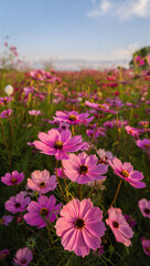 Obraz premium Pink cosmos flowers in a vibrant sunlit field under a blue sky