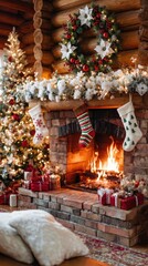 Fototapeta premium Cozy Fireplace Adorned With Festive Stockings, Colorful Presents, and a Beautifully Decorated Christmas Tree Creating a Warm Holiday Atmosphere