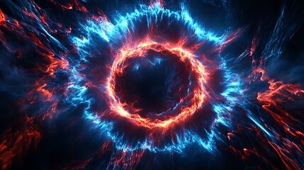 Cosmic energy eye with vibrant blue and red electric abstract power