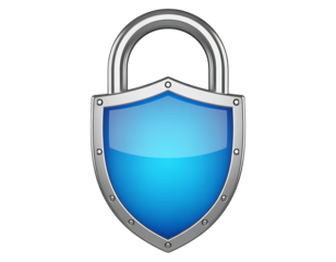 A metallic padlock with a shield-shaped blue emblem on the front, symbolizing security and protection. 
