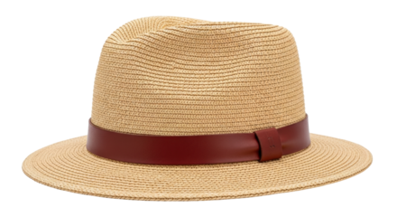 Isolated woven straw fedora hat with leather band fashion accessory for sun protection