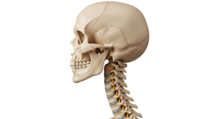 Isolated human skull and neck vertebral column showing the anatomy of the skeleton
