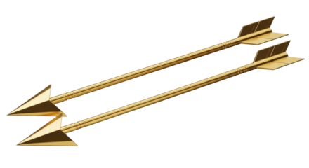 Isolated golden arrows lying side by side, medieval weapons, shiny gold, fantasy adventure