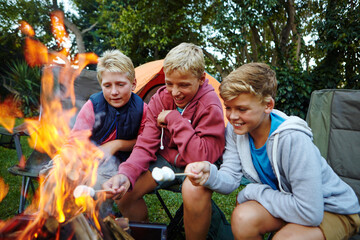 Fototapeta premium Boys outdoor, laugh and fire with marshmallow for childhood memories, connection or bonding together. Children, friends and happiness in nature with flame for smores treat, snack or camping activity.