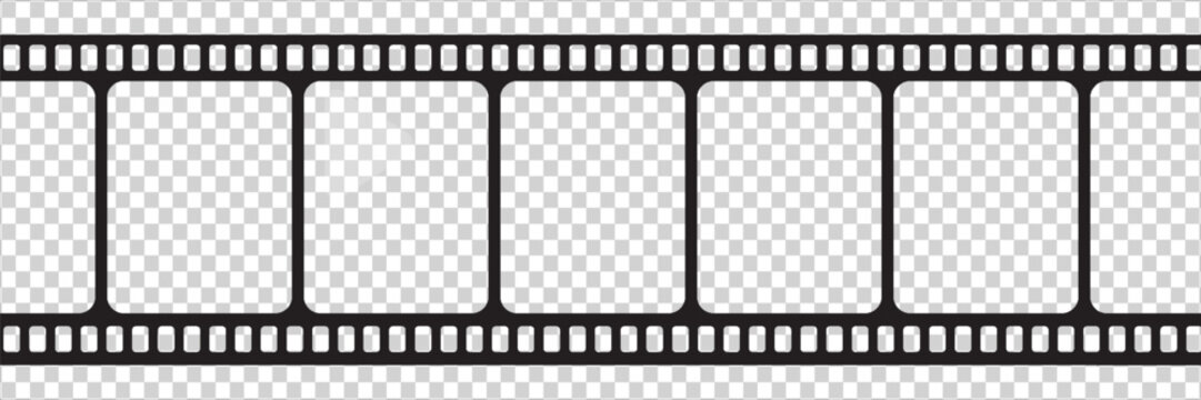 Old grunge movie film long strip, vintage filmstrip roll frame, vector photo background. Video or movie filmstrip overlay, cinema or photograph camera long film strip with transparent screen.eps10