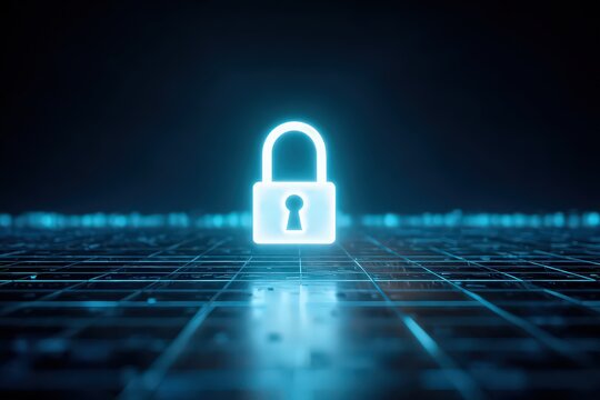 Glowing Digital Lock Icon on a Dark Blue Circuit Board Illustrating Security and Protection