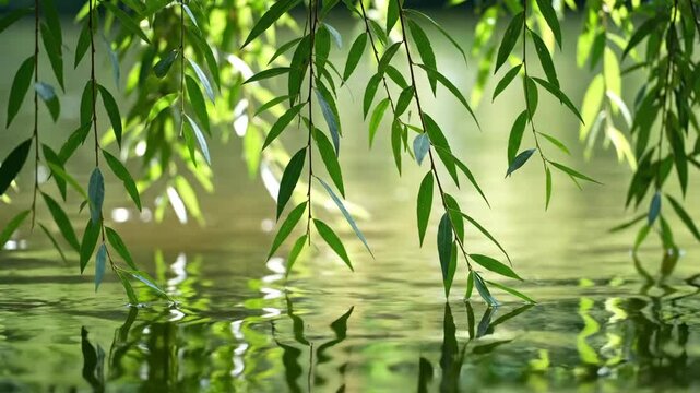 Weeping willow leaves hanging over shimmering water surface