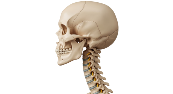 Isolated human skull and neck vertebral column showing the anatomy of the skeleton