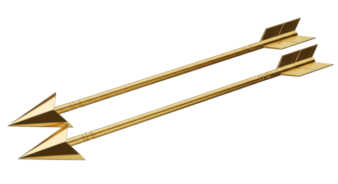 Isolated golden arrows lying side by side, medieval weapons, shiny gold, fantasy adventure