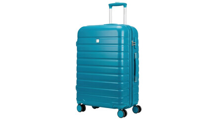 Isolated blue suitcase with wheels and handle for travel or vacation, luggage equipment