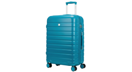 Isolated blue suitcase with wheels and handle for travel or vacation, luggage equipment