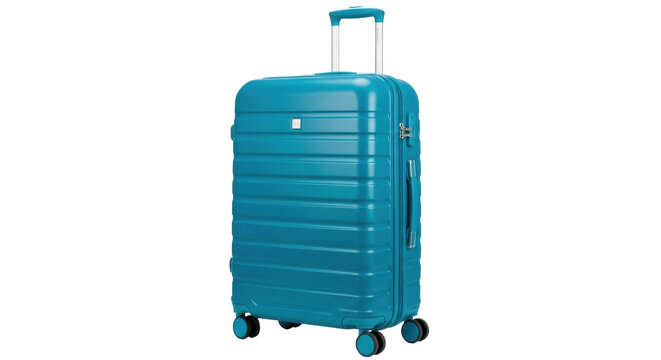 Isolated blue suitcase with wheels and handle for travel or vacation, luggage equipment
