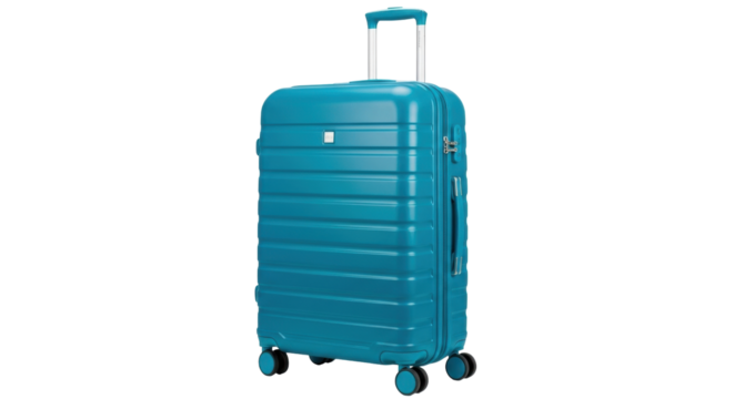 Isolated blue suitcase with wheels and handle for travel or vacation, luggage equipment