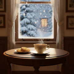 Cozy Winter Scene A Cup of Tea with Cookies, Snowfall Outside the Window