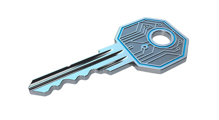 Futuristic Digital Key with Circuit Board Pattern and Glowing Blue Hexagonal Interior on Black Background