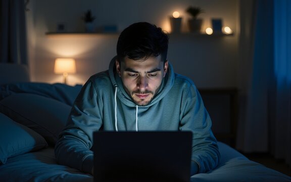 Ill young man having flu, viral infection, suffering from cold symptoms, fever, staying home in self-isolation, take medication, working learning remotely from home at night using laptop at workplace