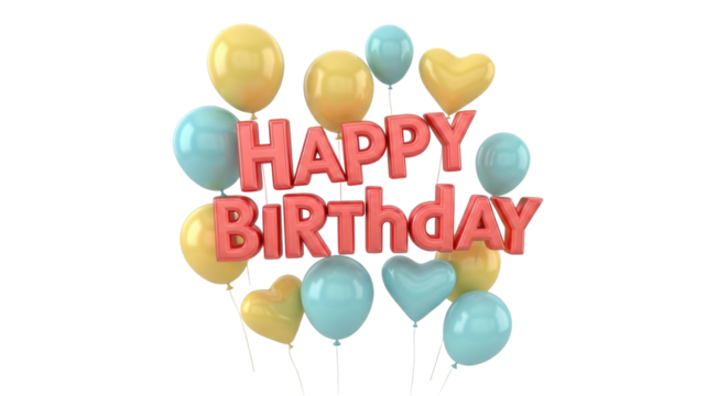 Isolated Happy Birthday greeting message in 3D against festive balloons for anniversary, fun