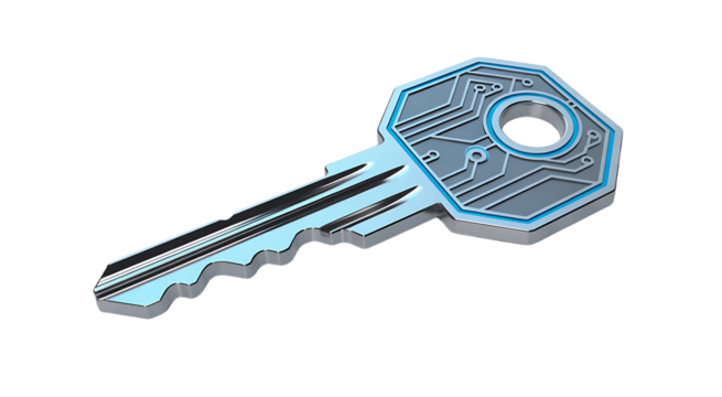 Futuristic Digital Key with Circuit Board Pattern and Glowing Blue Hexagonal Interior on Black Background 
