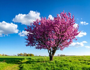 Naklejka premium Vibrant spring scene with a pink-flowering tree standing on a lush green field under a blue sky