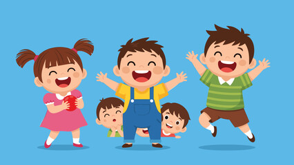 Group of cheerful cartoon children playing and laughing with big smiles, full of joy and happiness