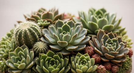Fototapeta premium A close up of various succulents and cacti arranged together in a pleasing botanical display indoors ai generated