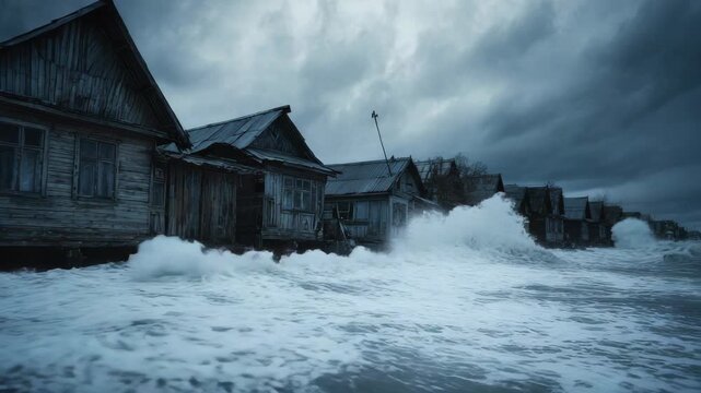 Dark Stormy Sky Over Old Wooden Houses Facing Crashing Ocean Waves Under Gloomy Overcast Weather Atmospheric Scene