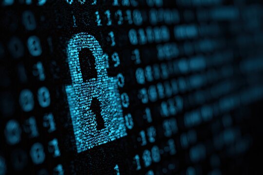 Glowing Blue Digital Lock Symbol Overlaying Binary Code on Dark Background
