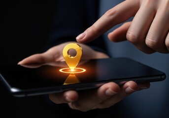 Hand holding a smartphone with a glowing map pin icon isolated on white background