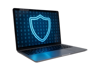 Angled View of Laptop with Blue Cybersecurity Shield on Black Screen, isolated on a transparent background 
