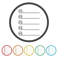 Numbered list icon. Set icons in color circle buttons