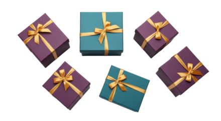 Isolated collection of colorful gift boxes with golden ribbons for holidays and celebrations