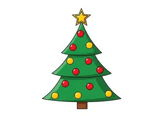 Fototapeta premium Cartoon christmas tree with ornaments and star isolated on white background