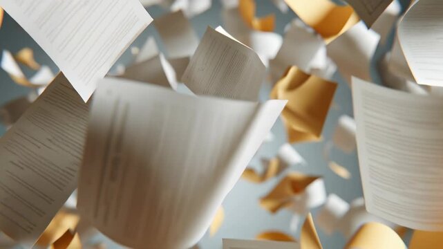 Sheets of paper and folders are falling in a chaotic, abstract manner against a blurred background.