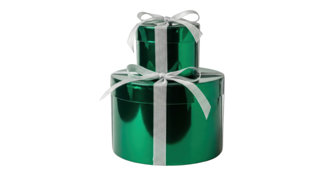 Isolated shimmering green tiered gift box with silver ribbon, holidays, party, special occasion