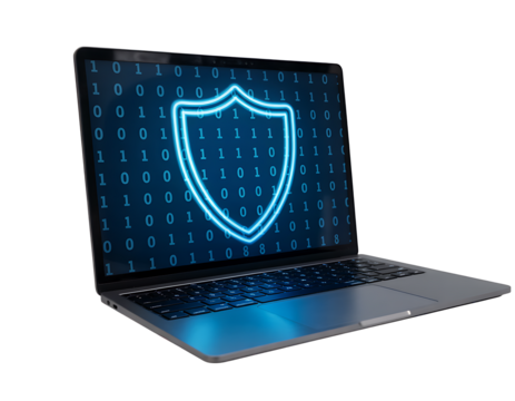 Angled View of Laptop with Blue Cybersecurity Shield on Black Screen, isolated on a transparent background 
