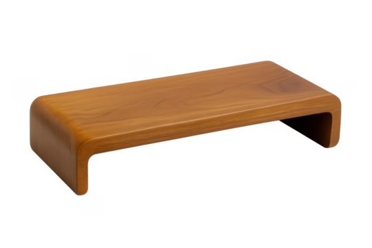 Modern wooden monitor stand with rounded edges, elevating display for ergonomic comfort