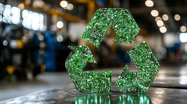 Electronic waste recycling symbol with circuit board pattern in a blurry industrial setting