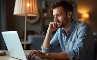 Thoughtful handsome man coding from home at laptop, remote work concept. High quality