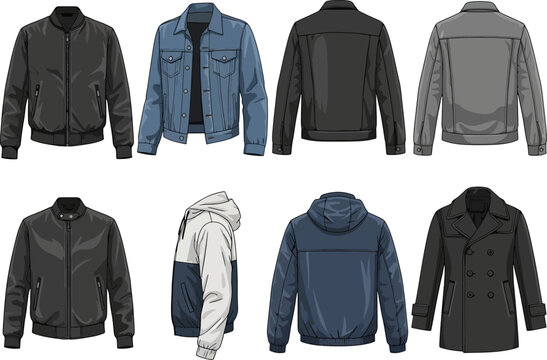 Collection of men's jackets in various styles including bomber, denim, leather, windbreaker, and peacoat, isolated on white background