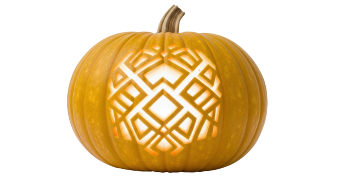 Isolated carved pumpkin with geometric diamond design for Halloween and autumn themes
