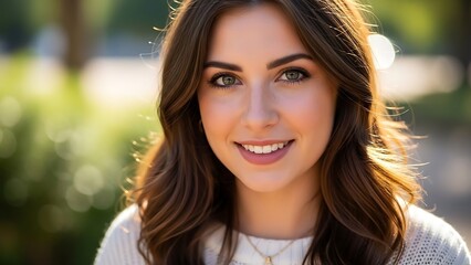 Fototapeta premium Young Woman Smiling Outdoors Sunlit Portrait in Natural Light