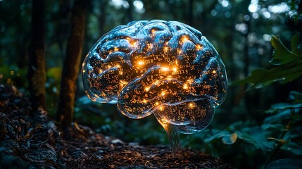 A translucent, glowing digital brain composed of binary code and numbers, emerging from a natural forest environment, symbolizing the intersection of artificial intelligence and nature.