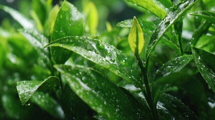 Close-up View of Vibrant Green Leaves With Fresh Water Droplets Highlighting Natures Serenity and Vitality in a Lush Environment