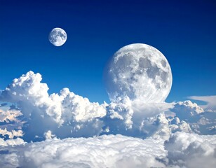 Surreal depiction of celestial bodies floating amidst a sea of fluffy white clouds against vibrant blue sky